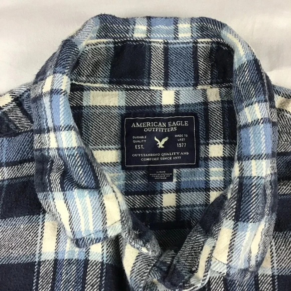 American Eagle Men’s Blue Plaid Flannel Button Down Shirt Cotton Size Large - Picture 3 of 4